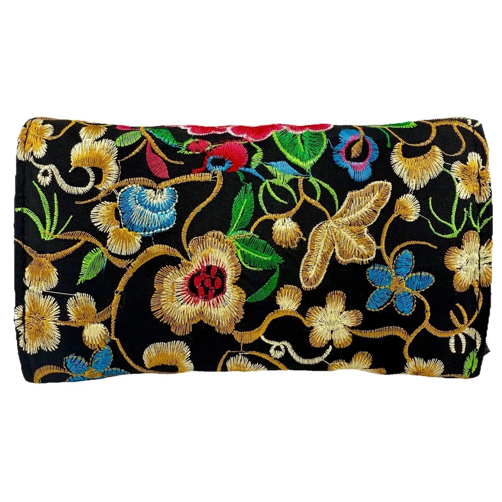 Floral Embroidered Black Fabric Clutch Purse w/ Rabbit Motif Crossbody Strap‎ - Picture 4 of 15